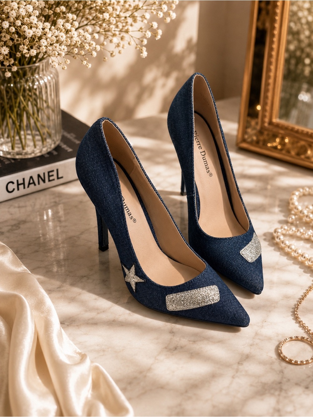 Pierre Dumas Dark Blue Denim Pointed Stiletto Heels with Silver Glitter Accents